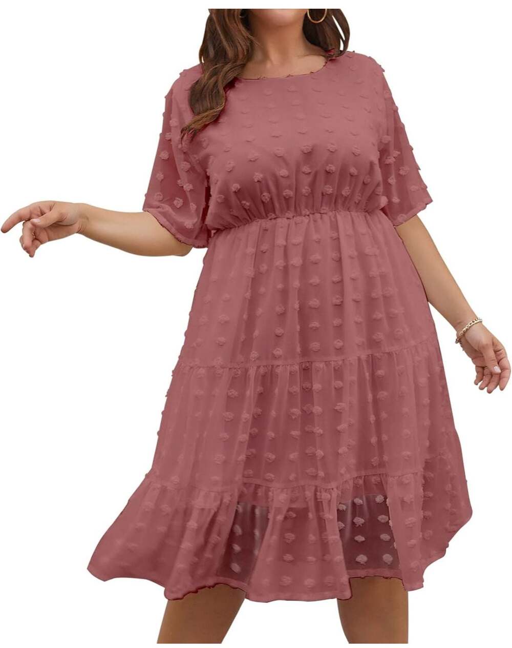 NWT Plus Size Swiss Dot Chiffon Baby Doll Midi Dress in Mauve Pink XXL